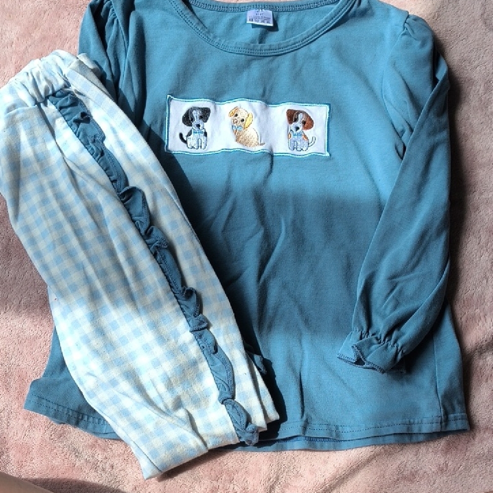 Blue Long Sleeve Top with Dog Design and Checkered Pants